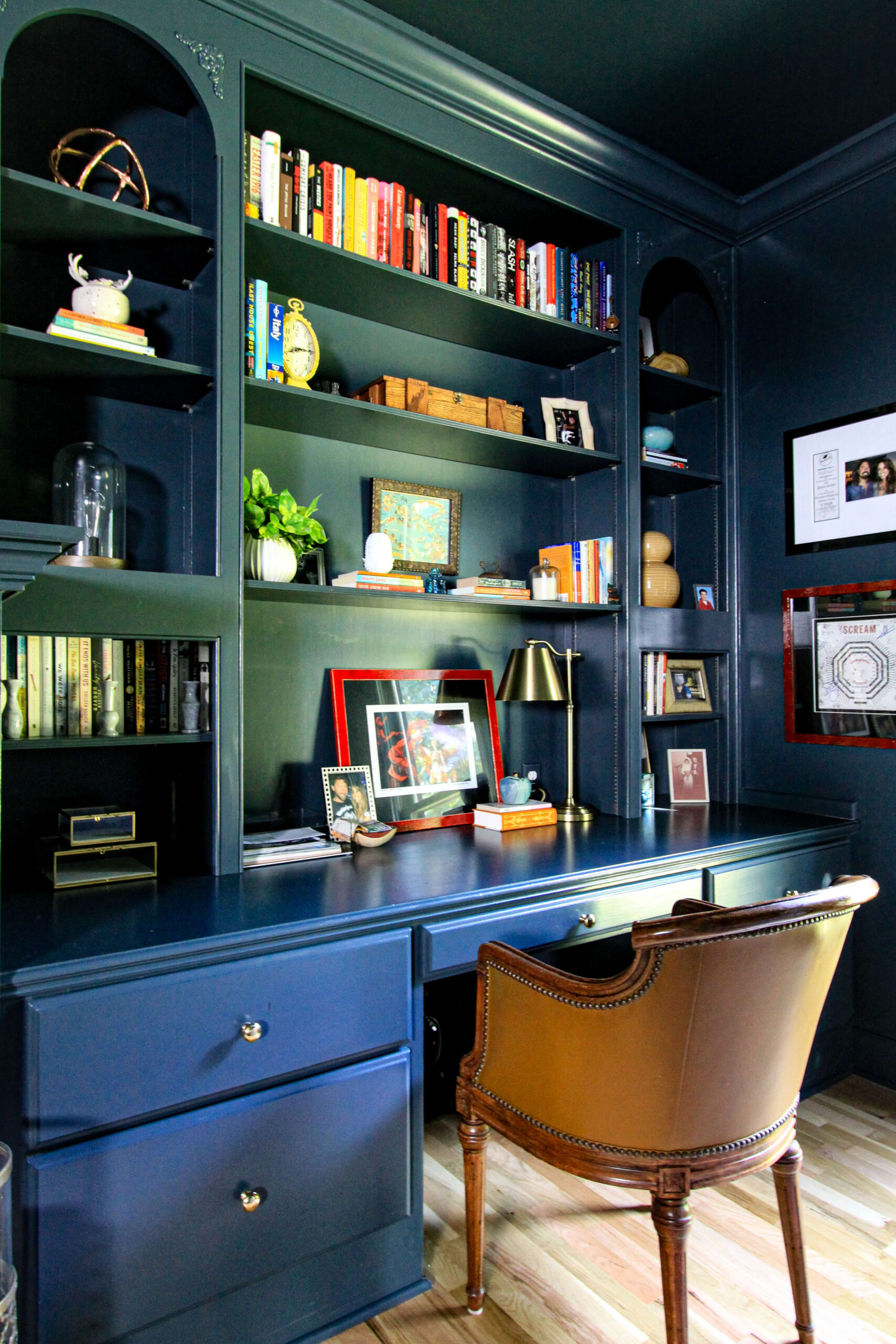 color drenched bookshelves benjamin moore lead grey