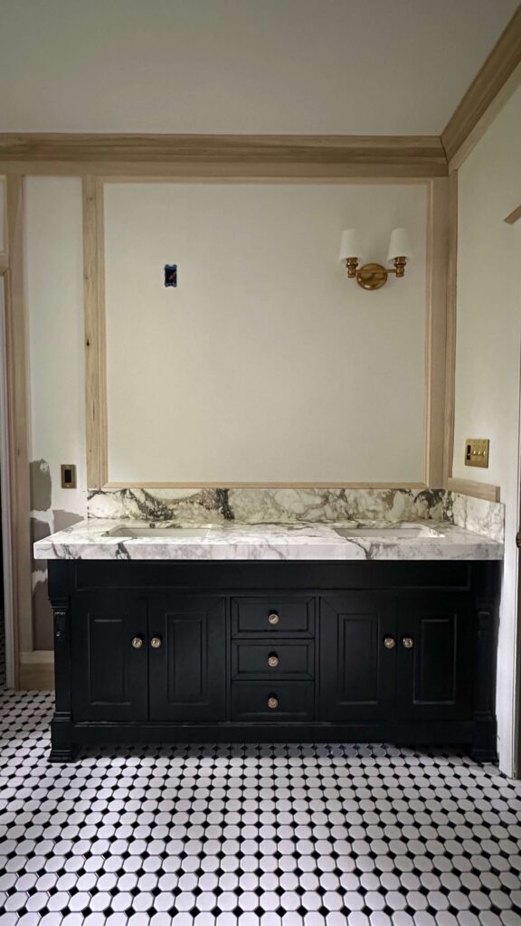 refinishing the black bathroom vanity to a walnut finish is one of many to do's in order to meet my deadline for the primary bathroom renovation