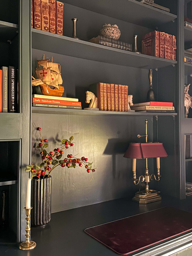 click for tips on how to style long bookshelves