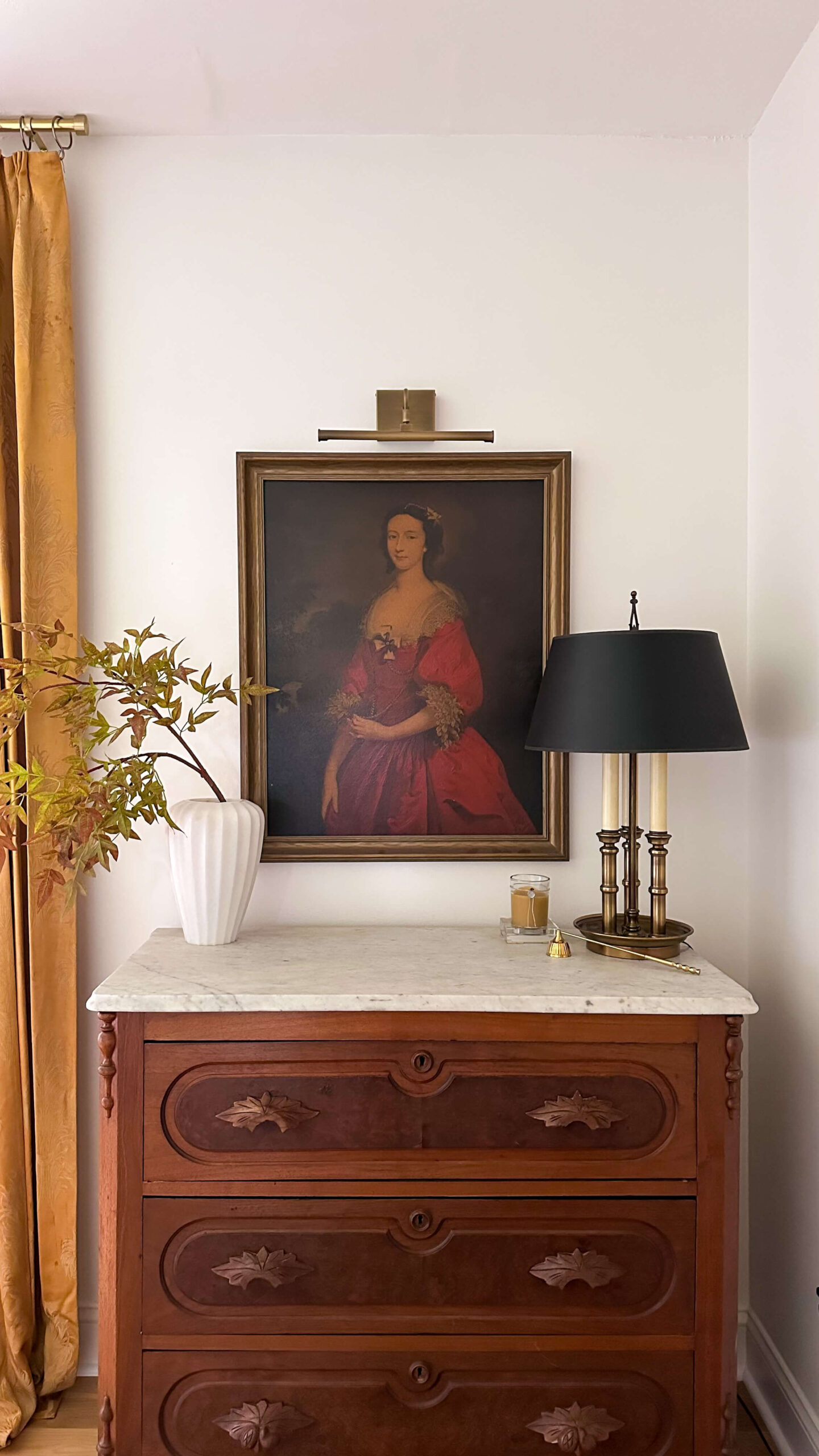 click to read more about my home office makeover. photo of vintage eastlake dresser, vintage oil painting, antique lamp.