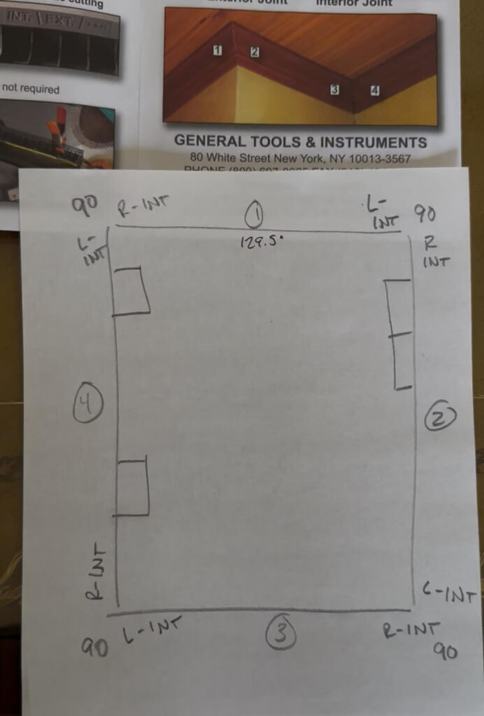 how to measure cut install crown molding room diagram with angles and cut labels