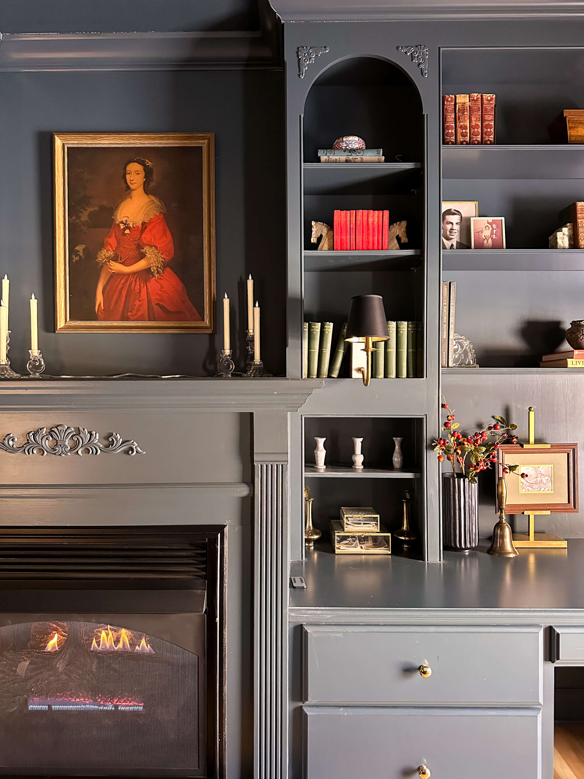 paint colors in my home. cozy tv room in lead gray by benjamin moore.