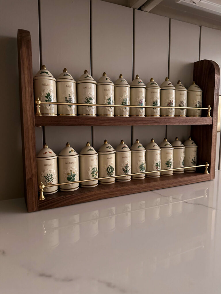 the finished diy walnut spice rack for my lenox garden spice set!