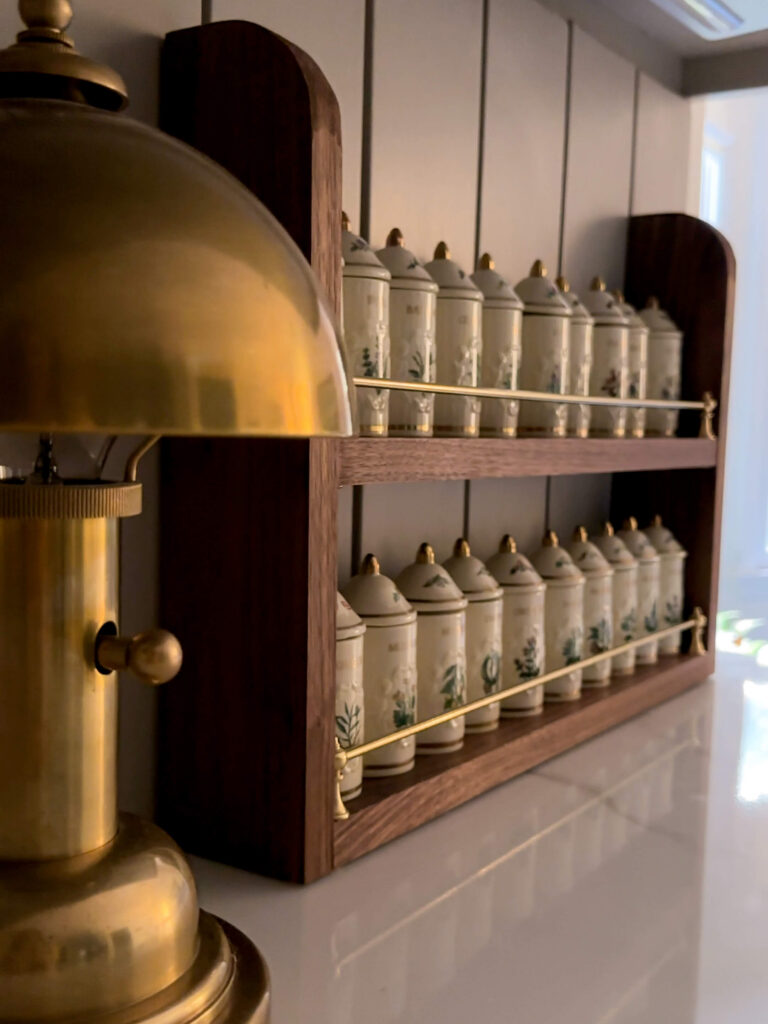 the finished diy walnut spice rack for my lenox garden spice set!