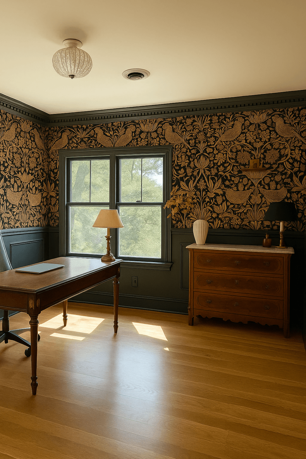 click to see five home office wallpaper ideas that lean moody, traditional and vintage inspired.