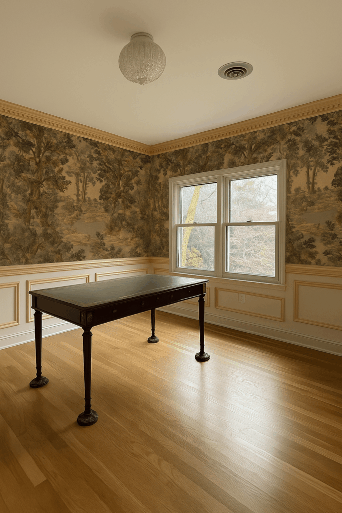 Home Office renovation with fresh crown molding, chair rail and box molding and a mock-up of a landscape tapestry mural. 