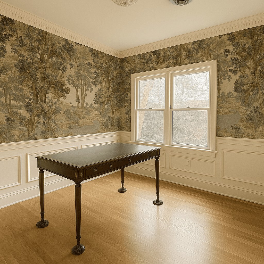 Picking a paint color for the home office. Home office mocked up with vintage tapestry wallpaper and Joa's White by Farrow & Ball. 