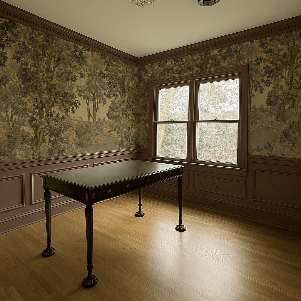 Picking a paint color for the home office. Home office mocked up with vintage tapestry wallpaper and London Clay by Farrow & Ball. 